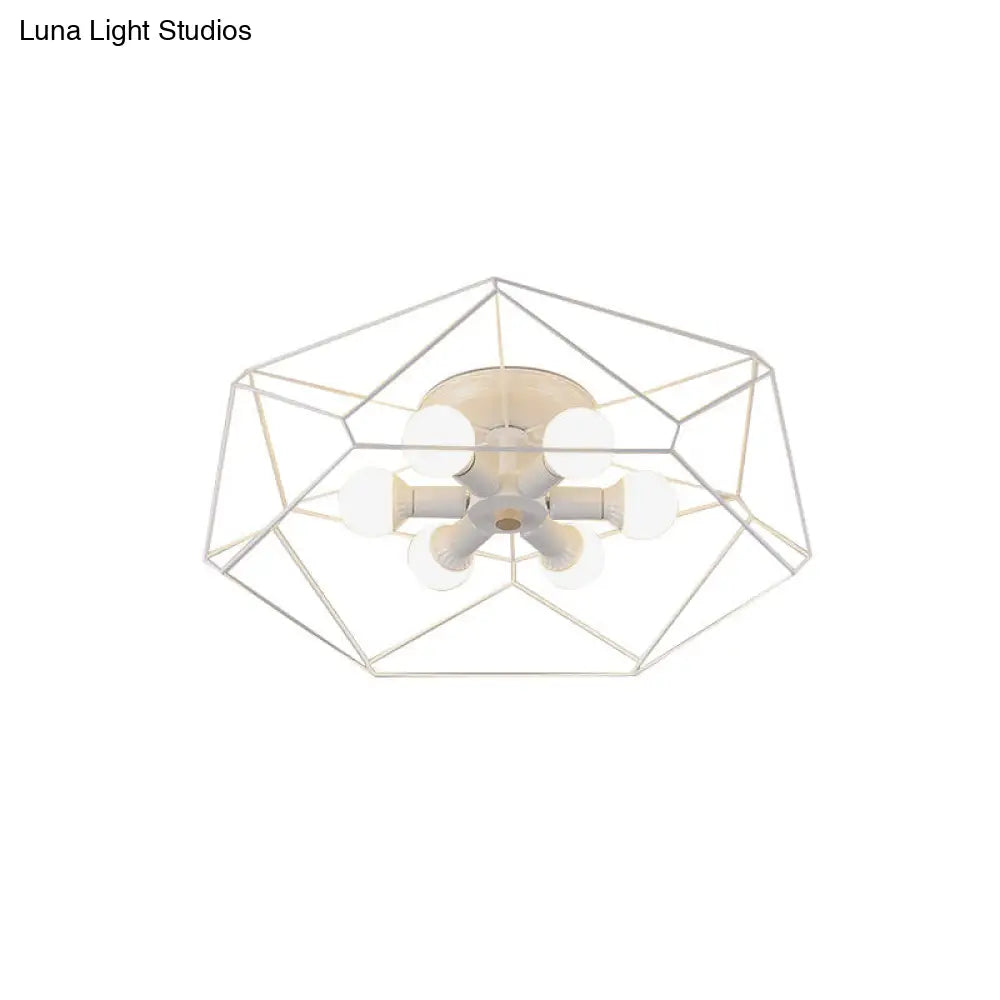 Nordic Iron Flush Mount Ceiling Light With Hexagon Cage | White| 3/6 Bare Bulb-Lit Fixtures