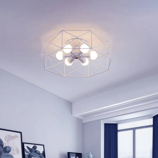 Nordic Iron Flush Mount Ceiling Light With Hexagon Cage | White| 3/6 Bare Bulb - Lit Fixtures 6 /