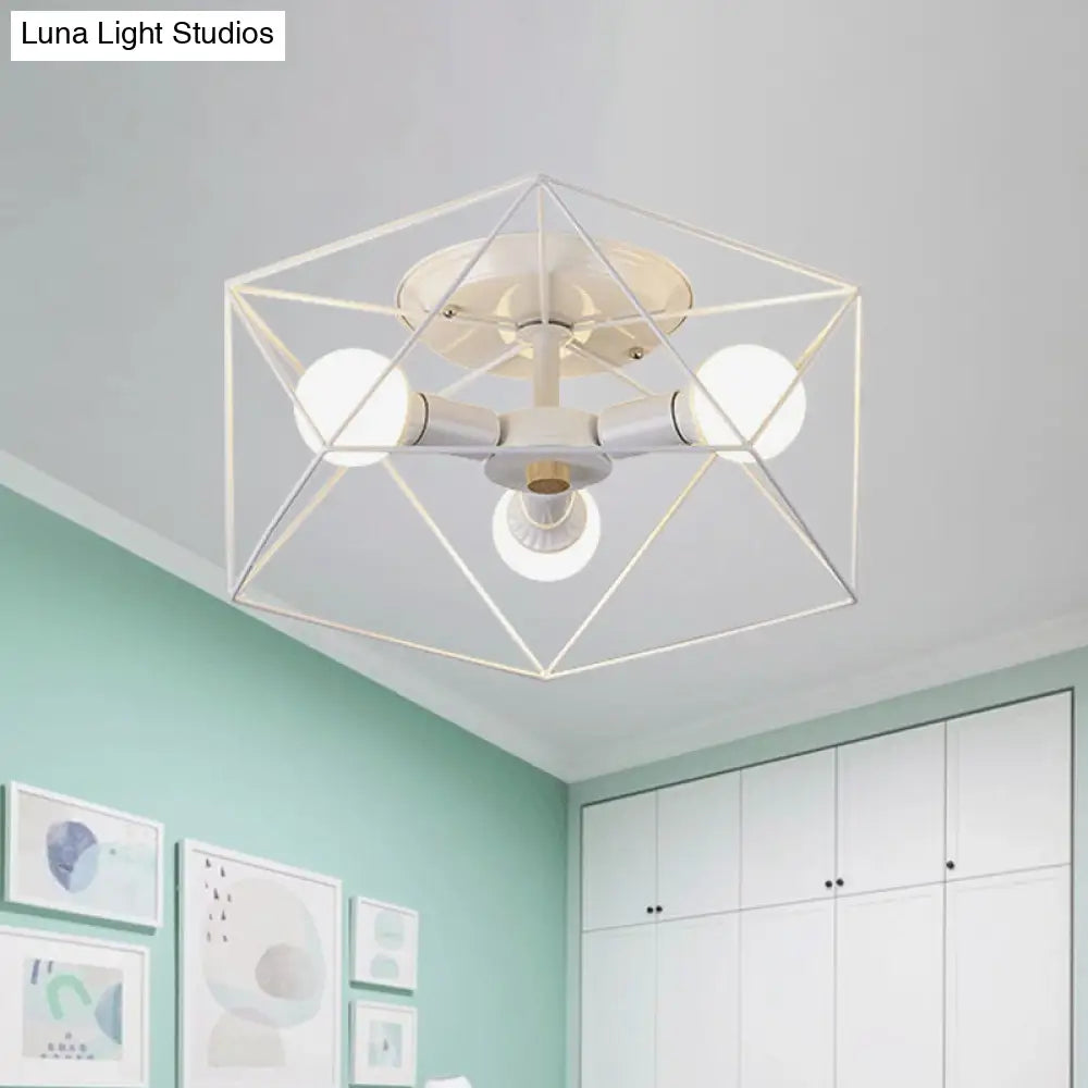 Nordic Iron Flush Mount Ceiling Light With Hexagon Cage | White| 3/6 Bare Bulb - Lit Fixtures