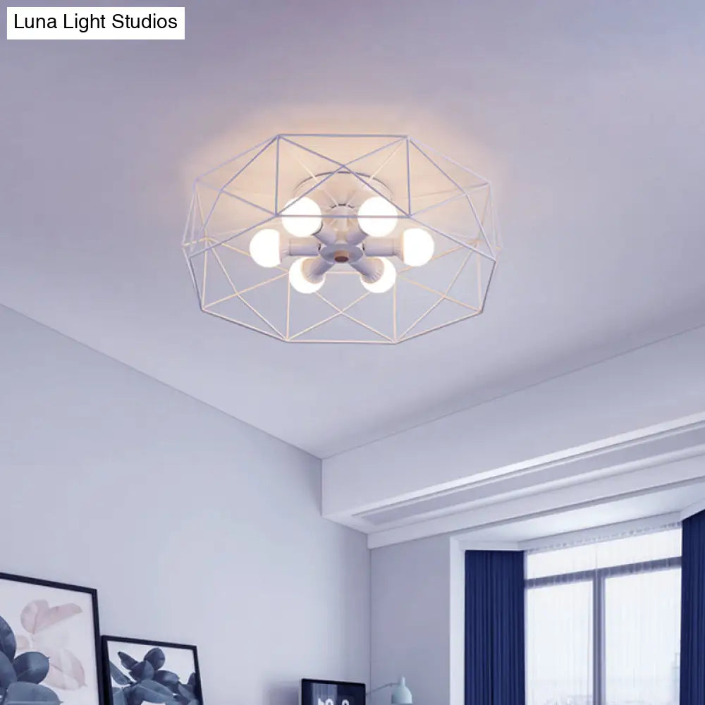 Nordic Iron Flush Mount Ceiling Light With Hexagon Cage | White| 3/6 Bare Bulb-Lit Fixtures 6 /