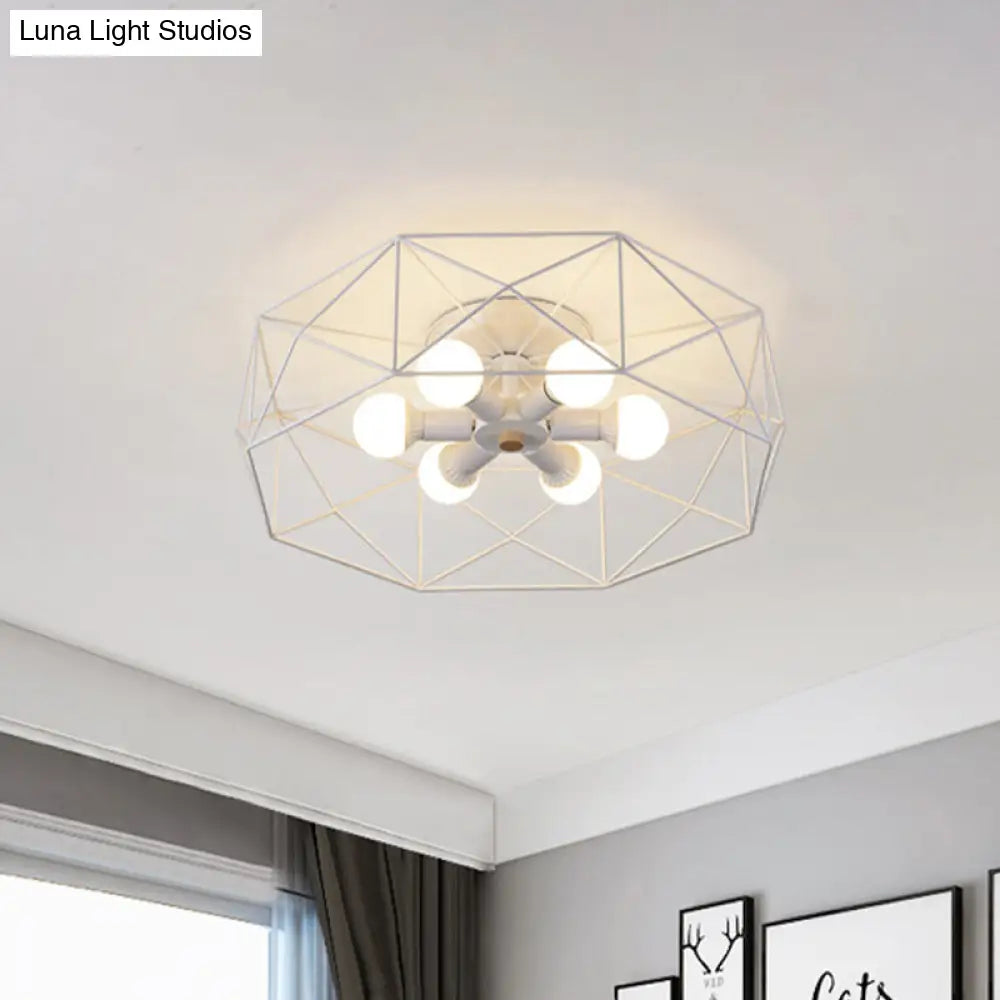 Nordic Iron Flush Mount Ceiling Light With Hexagon Cage | White| 3/6 Bare Bulb-Lit Fixtures