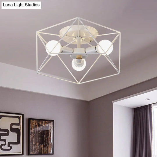 Nordic Iron Flush Mount Ceiling Light With Hexagon Cage | White| 3/6 Bare Bulb-Lit Fixtures 3 /