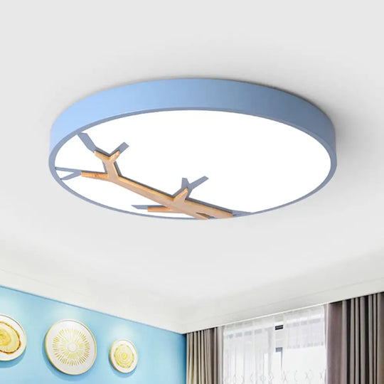 Nordic Iron Flushmount Led Ceiling Light With Withered Branch Pattern In Grey/White/Blue - Wood Blue