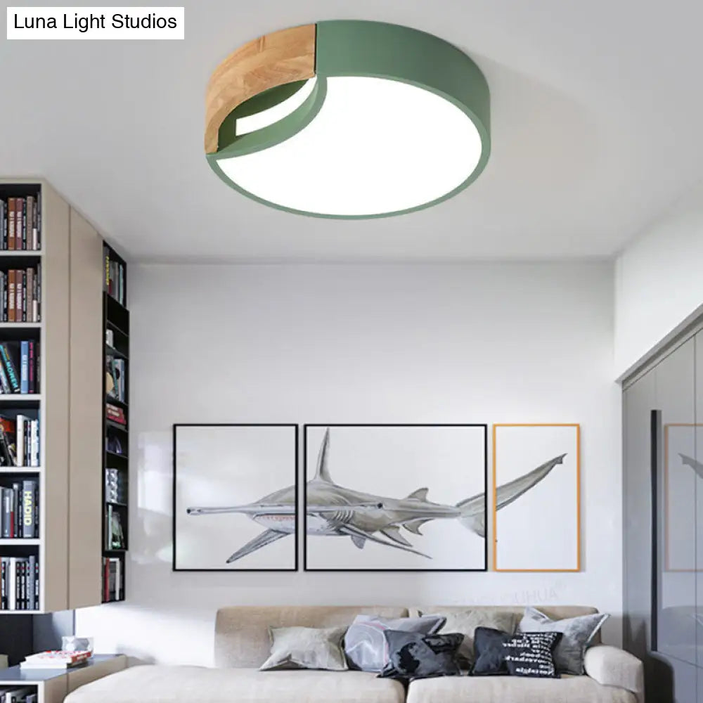 Nordic Iron Grey/White/Green Led Ceiling Light With Wood Grip - 12/16/19.5 Wide