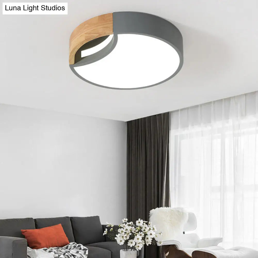 Nordic Iron Grey/White/Green Led Ceiling Light With Wood Grip - 12/16/19.5 Wide Grey / 12 White