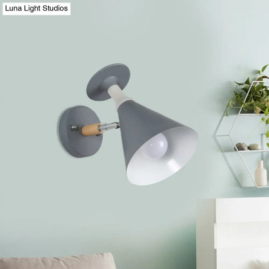 Nordic Iron Single Bulb Sconce Light - Rotatable Cone Wine Cup Wall Mounted Lamp With Wood Accent