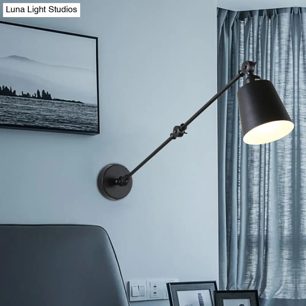 Nordic Iron Swing Arm Wall Reading Light: Single Black/White Sconce With Tapered Shade