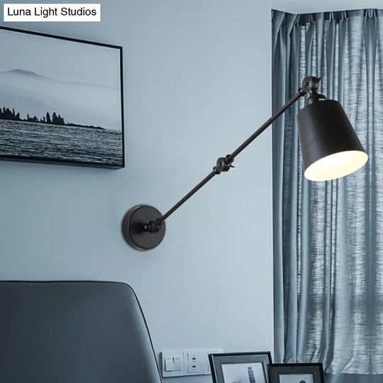 Nordic Iron Swing Arm Wall Reading Light: Single Black/White Sconce With Tapered Shade