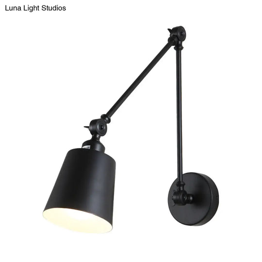 Nordic Iron Swing Arm Wall Reading Light: Single Black/White Sconce With Tapered Shade