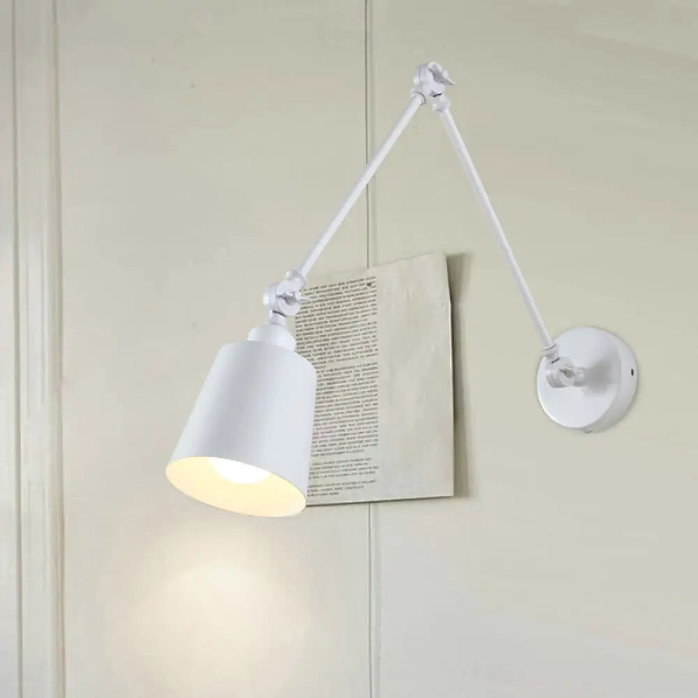 Nordic Iron Swing Arm Wall Reading Light: Single Black/White Sconce With Tapered Shade White