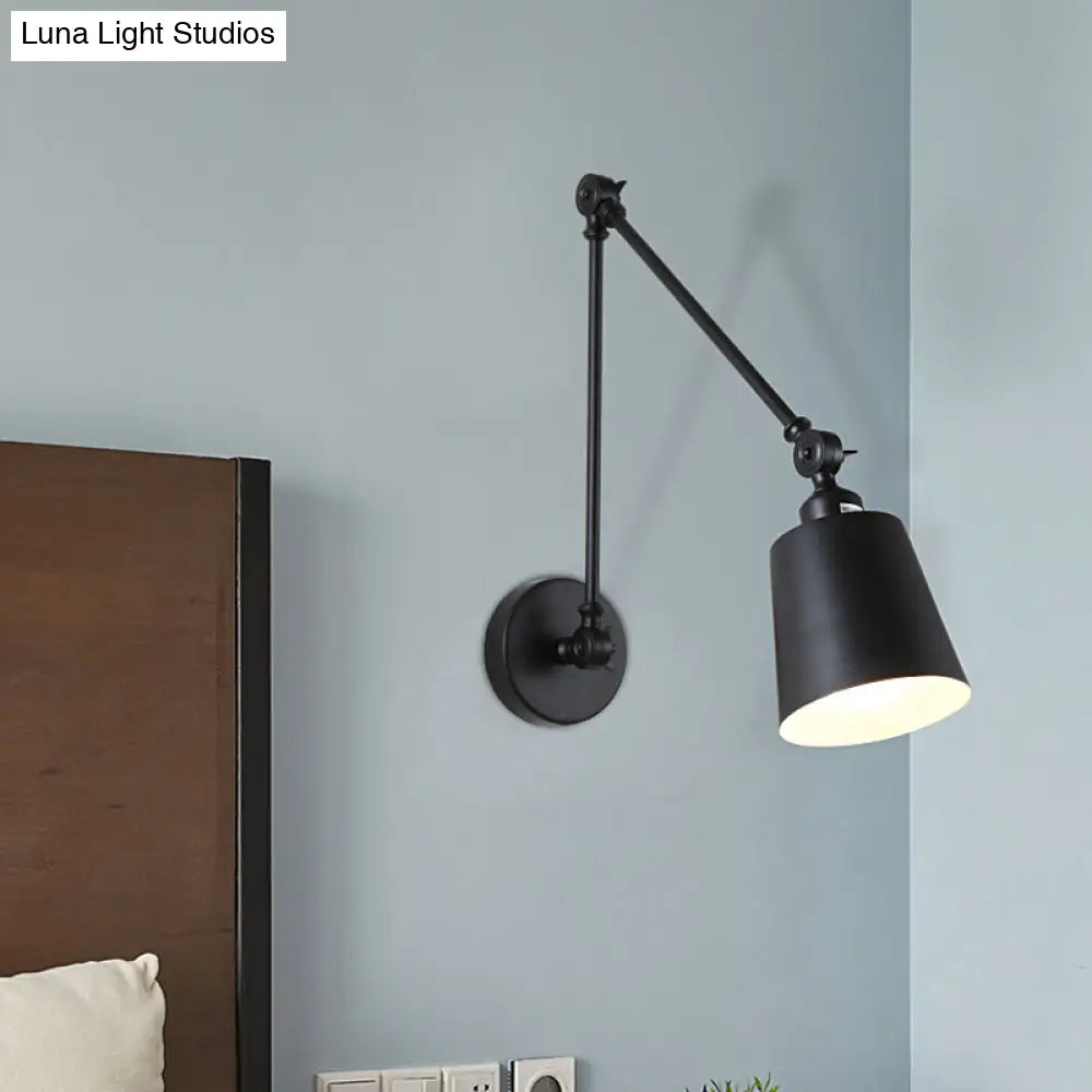 Nordic Iron Swing Arm Wall Reading Light: Single Black/White Sconce With Tapered Shade