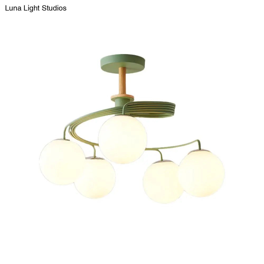 Nordic Iron Swirl Flush Chandelier: 5 Bulbs Grey/Green Ceiling Light With Orb Glass Shade And Wood