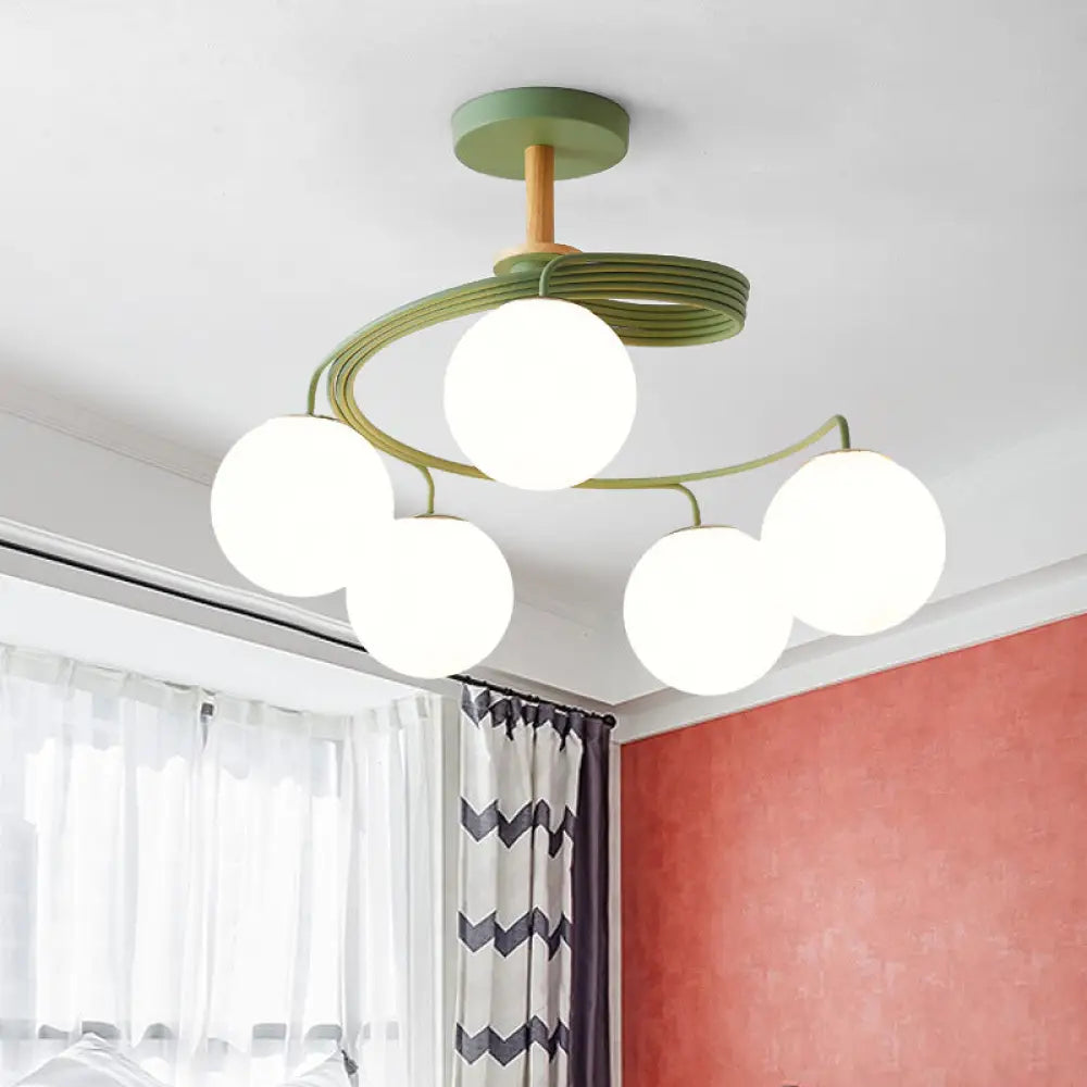 Nordic Iron Swirl Flush Chandelier With 5 Bulbs Grey/Green Semi Ceiling Light Featuring Orb Glass