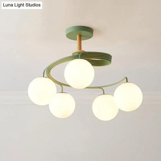 Nordic Iron Swirl Flush Chandelier: 5 Bulbs Grey/Green Ceiling Light With Orb Glass Shade And Wood