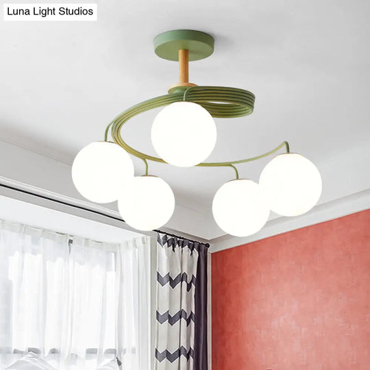 Nordic Iron Swirl Flush Chandelier: 5 Bulbs Grey/Green Ceiling Light With Orb Glass Shade And Wood