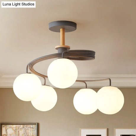 Nordic Iron Swirl Flush Chandelier With 5 Bulbs Grey/Green Semi Ceiling Light Featuring Orb Glass