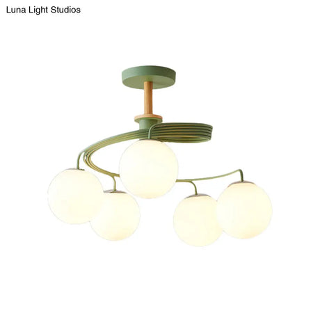 Nordic Iron Swirl Flush Chandelier With 5 Bulbs Grey/Green Semi Ceiling Light Featuring Orb Glass