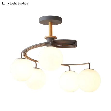 Nordic Iron Swirl Flush Chandelier With 5 Bulbs Grey/Green Semi Ceiling Light Featuring Orb Glass