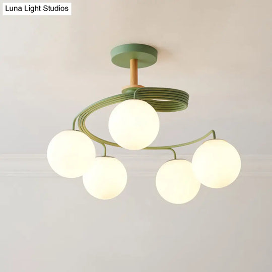 Nordic Iron Swirl Flush Chandelier With 5 Bulbs Grey/Green Semi Ceiling Light Featuring Orb Glass
