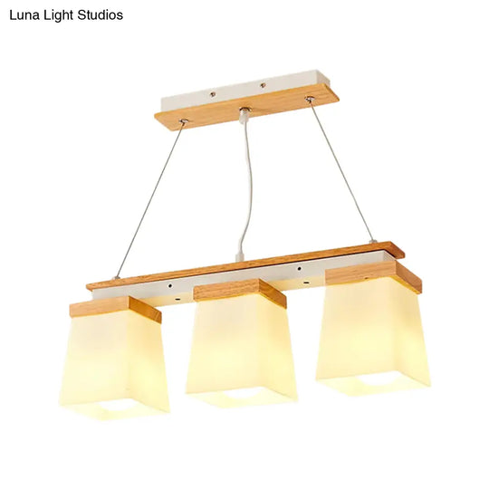 Nordic Island Chandelier - Square Shade Wooden Dining Room Light With 3/4 White Lights