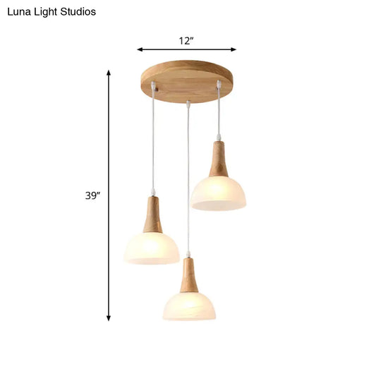 Nordic Ivory Glass Hang Lamp - 3-Head Cluster Pendant For Dining Room Wood Finish