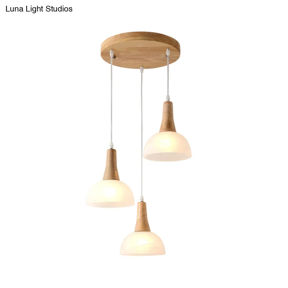 Nordic Ivory Glass Hang Lamp - 3-Head Cluster Pendant For Dining Room Wood Finish
