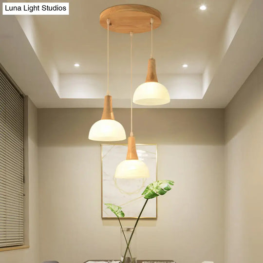 Nordic Ivory Glass 3-Head Cluster Pendant Bell/Bowl/Barrel Hang Lamp For Dining Room Wood / Bowl