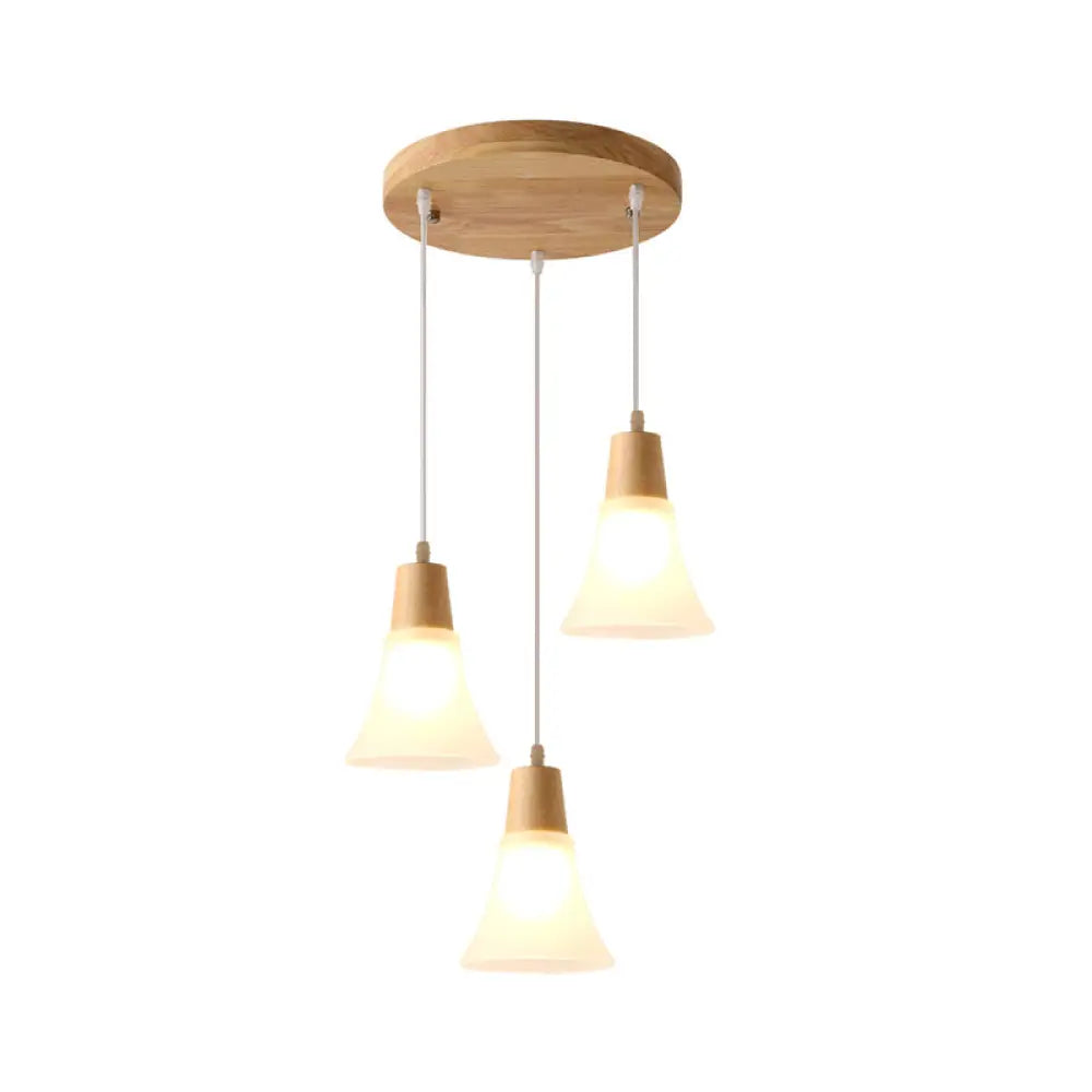 Nordic Ivory Glass Hang Lamp - 3-Head Cluster Pendant For Dining Room Wood Finish / Bell Round