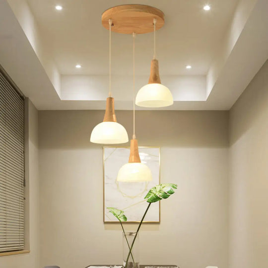 Nordic Ivory Glass Hang Lamp - 3-Head Cluster Pendant For Dining Room Wood Finish / Bowl Round