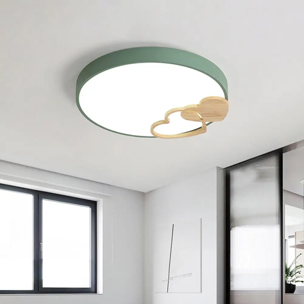 Nordic Led Acrylic Drum Flush Mount Ceiling Light With Heart Decor In Gray/White/Green Green