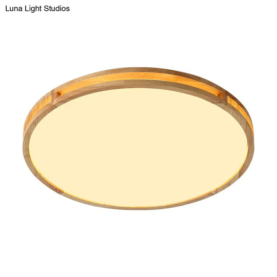 Nordic Led Beige Flush Mount Ceiling Light With Wooden Disc And Acrylic Diffuser