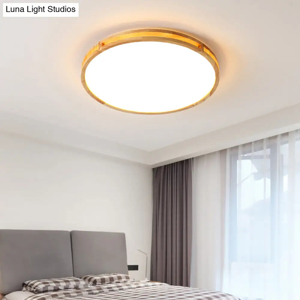 Nordic Led Beige Flush Mount Ceiling Light With Wooden Disc And Acrylic Diffuser