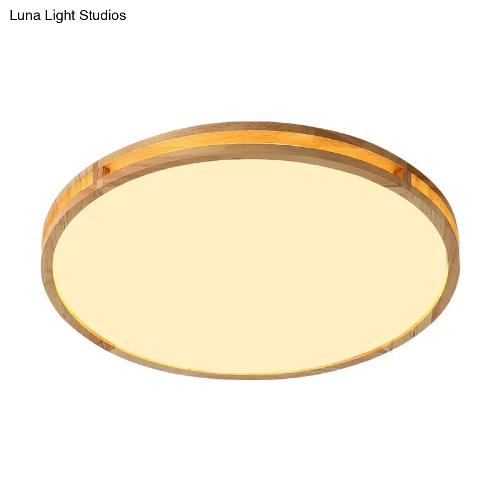 Nordic Led Beige Flush Mount Ceiling Light With Wooden Disc And Acrylic Diffuser