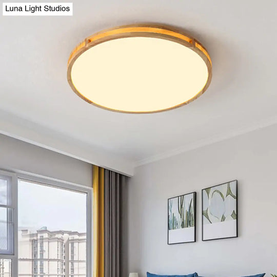 Nordic Led Beige Flush Mount Ceiling Light With Wooden Disc And Acrylic Diffuser Wood / 14 Remote