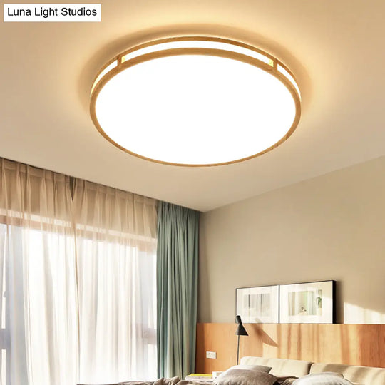 Nordic Led Beige Flush Mount Ceiling Light With Wooden Disc And Acrylic Diffuser Wood / 14 White