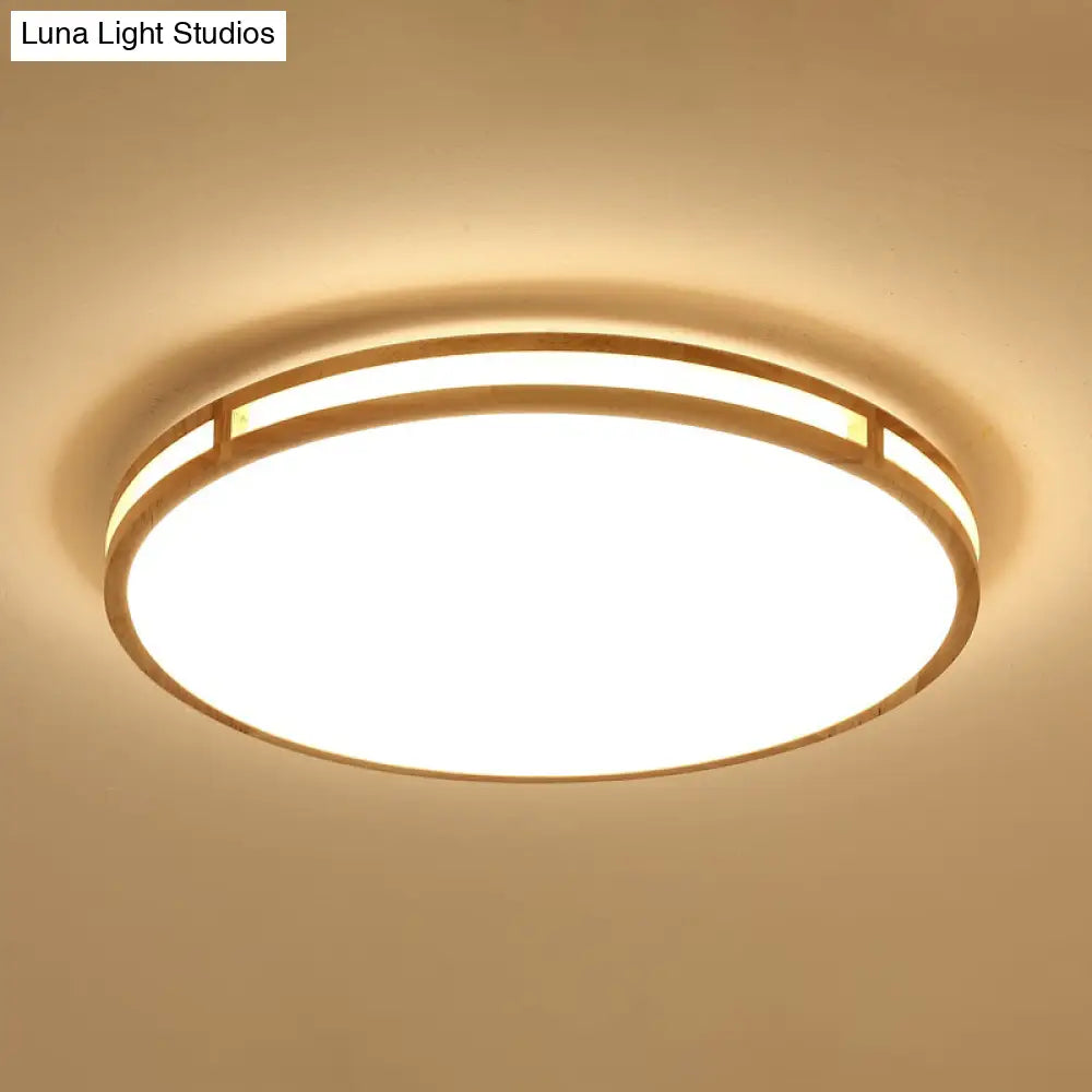 Nordic Led Beige Flush Mount Ceiling Light With Wooden Disc And Acrylic Diffuser