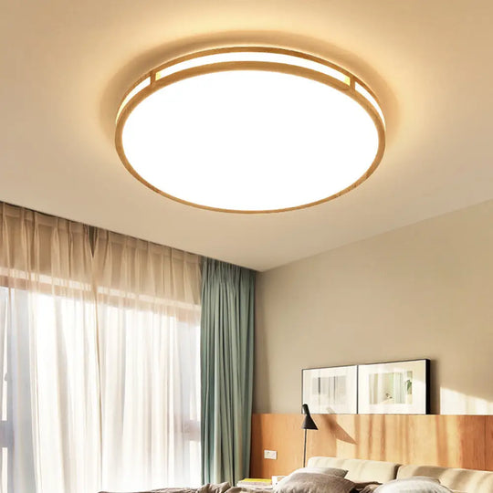 Nordic Led Beige Flush Mount Ceiling Light With Wooden Disc And Acrylic Diffuser Wood / 14’ White