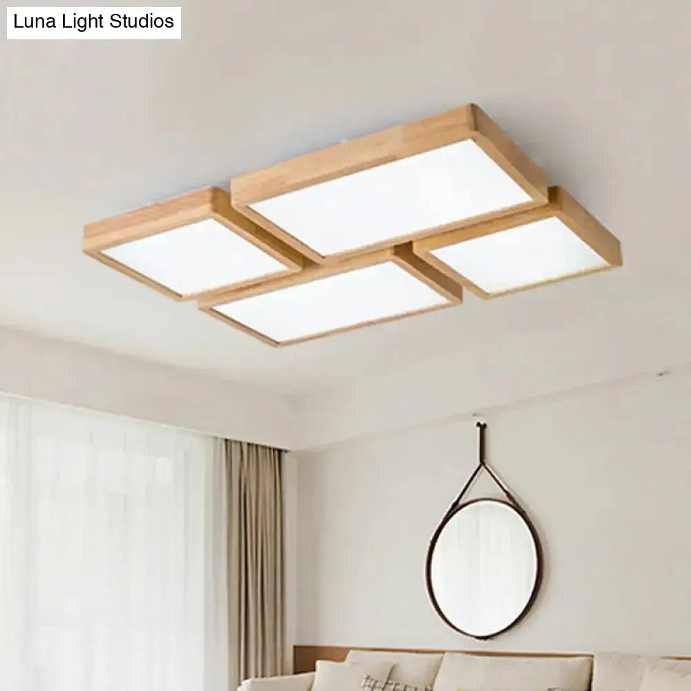 Nordic Led Ceiling Flushmount Lighting - Square/Rectangle/Checkered Wood Design Acrylic Shade