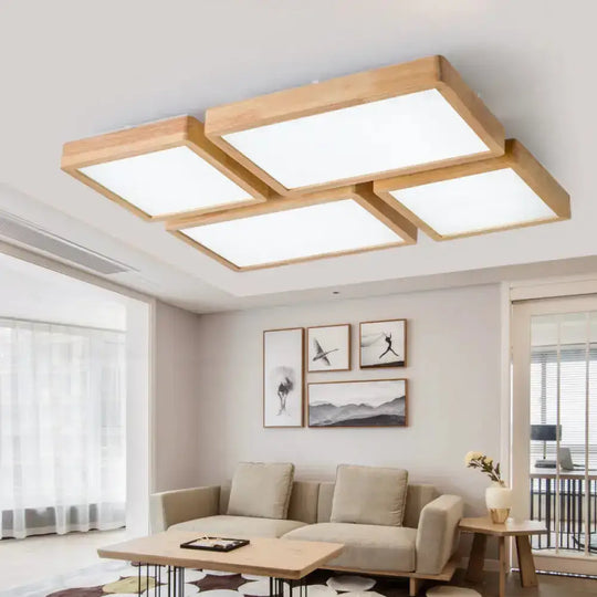 Nordic Led Ceiling Flushmount Lighting - Square/Rectangle/Checkered Wood Design Acrylic Shade