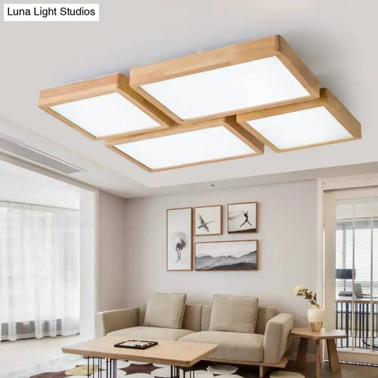 Nordic Led Ceiling Flushmount Lighting - Square/Rectangle/Checkered Wood Design Acrylic Shade