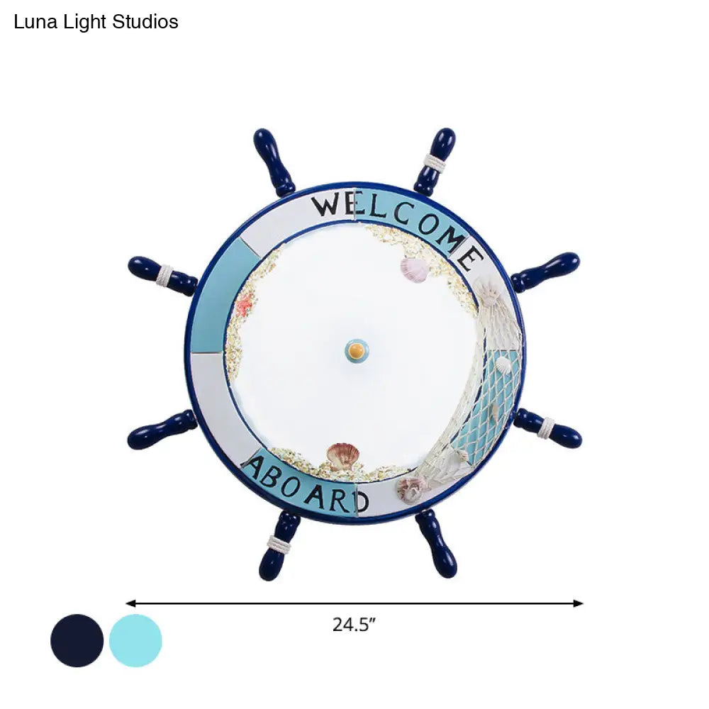 Nordic Led Ceiling Light With Frosted Glass Dome & Rudder Design - Light/Dark Blue Flush Mount