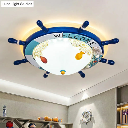 Nordic Led Ceiling Light With Frosted Glass Dome & Rudder Design - Light/Dark Blue Flush Mount