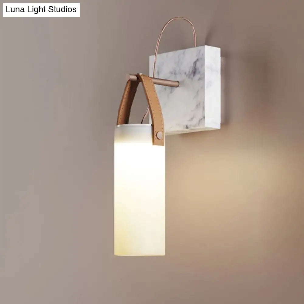 Nordic Led Cylinder Wall Light White Glass Leather Strap