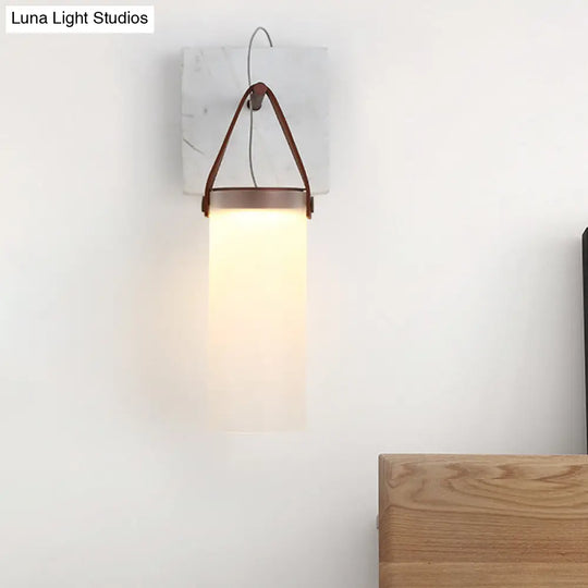 Nordic Led Cylinder Wall Light White Glass Leather Strap