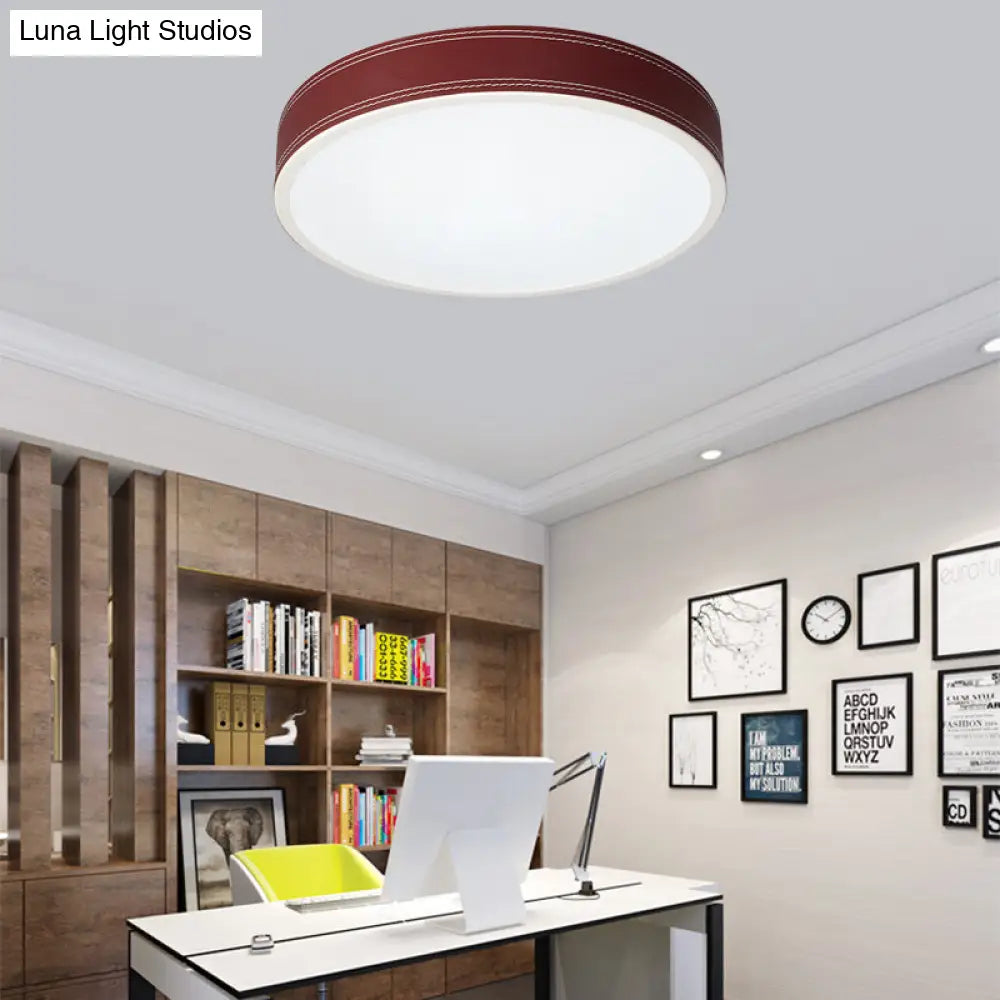 Nordic Led Disk Ceiling Light – Red/Blue/Green Leather Flush Mount For Bedroom Warm/White