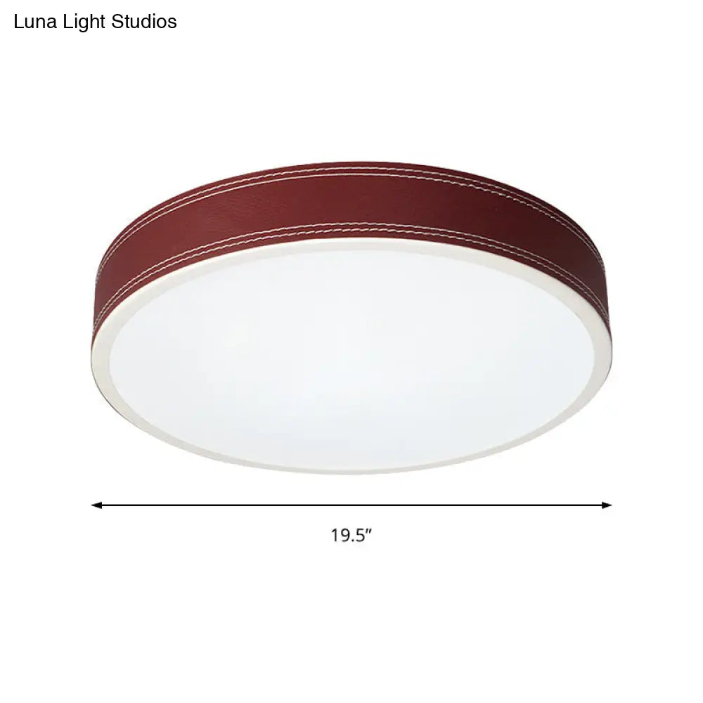 Nordic Led Disk Ceiling Light Red/Blue/Green Leather Flush Mount For Bedroom Warm/White 12/16/19.5