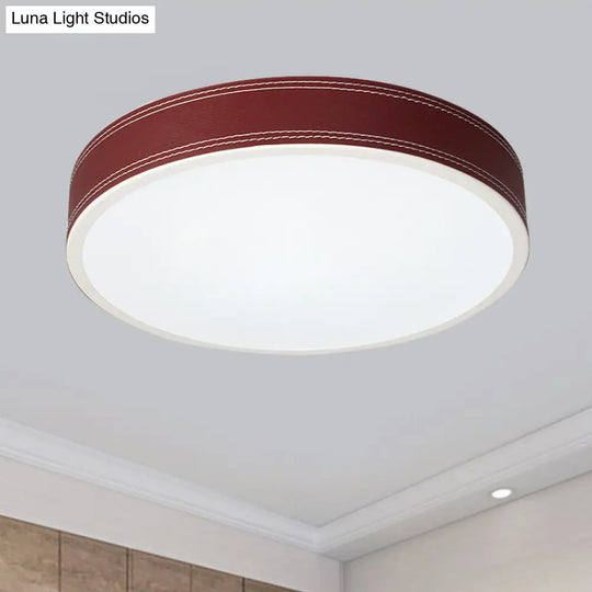 Nordic Led Disk Ceiling Light Red/Blue/Green Leather Flush Mount For Bedroom Warm/White 12/16/19.5