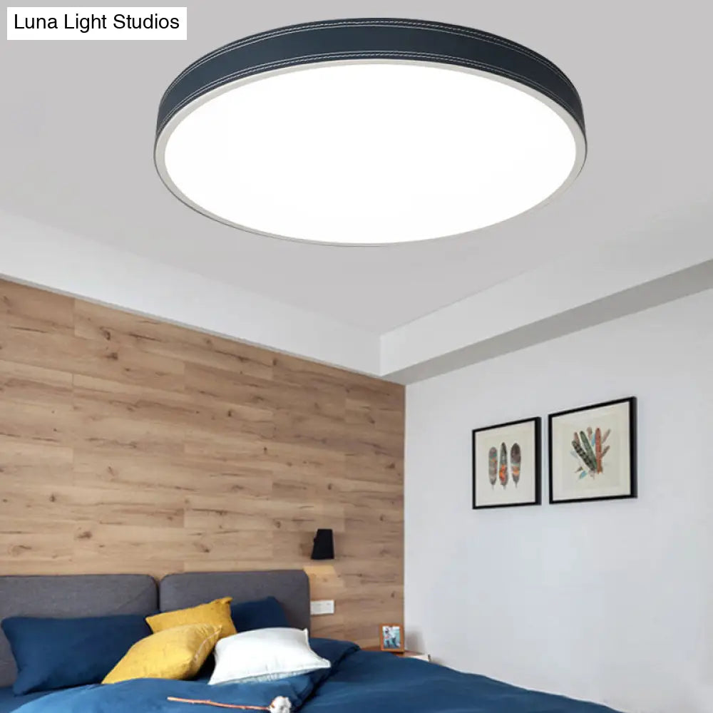 Nordic Led Disk Ceiling Light Red/Blue/Green Leather Flush Mount For Bedroom Warm/White 12/16/19.5