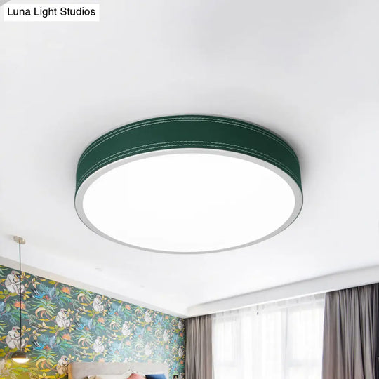 Nordic Led Disk Ceiling Light Red/Blue/Green Leather Flush Mount For Bedroom Warm/White 12/16/19.5