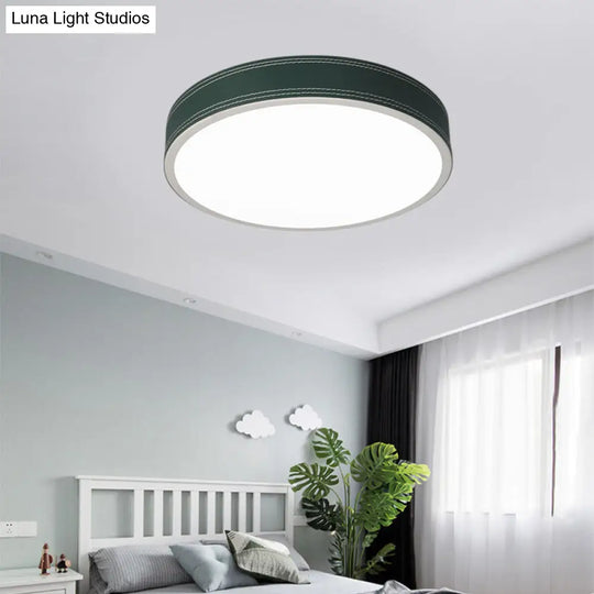 Nordic Led Disk Ceiling Light Red/Blue/Green Leather Flush Mount For Bedroom Warm/White 12/16/19.5